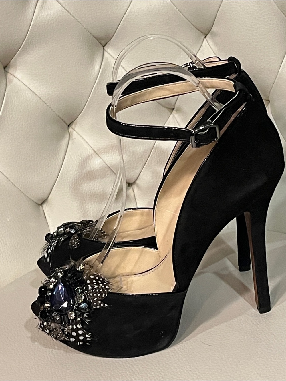Enzo Angiolini Black Suede prep toe w Feathers jeweled Ankle Platforms Size 8 - Picture 10 of 16